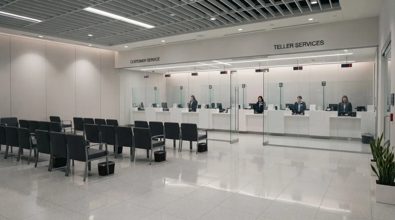 Egy bank ügyfélszolgálati termének tágas belső tere, üres székek és világos pultok, nyugodt, tiszta, szöveg és logó nélküli környezet.