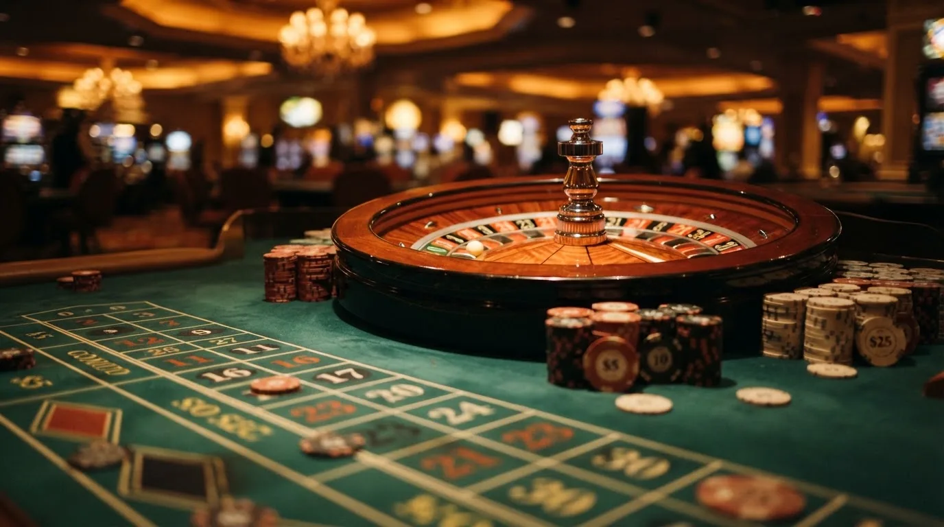 Rulettkerék és zsetonok zöld posztón, meleg esti fényben — blackjack játék magyarországon