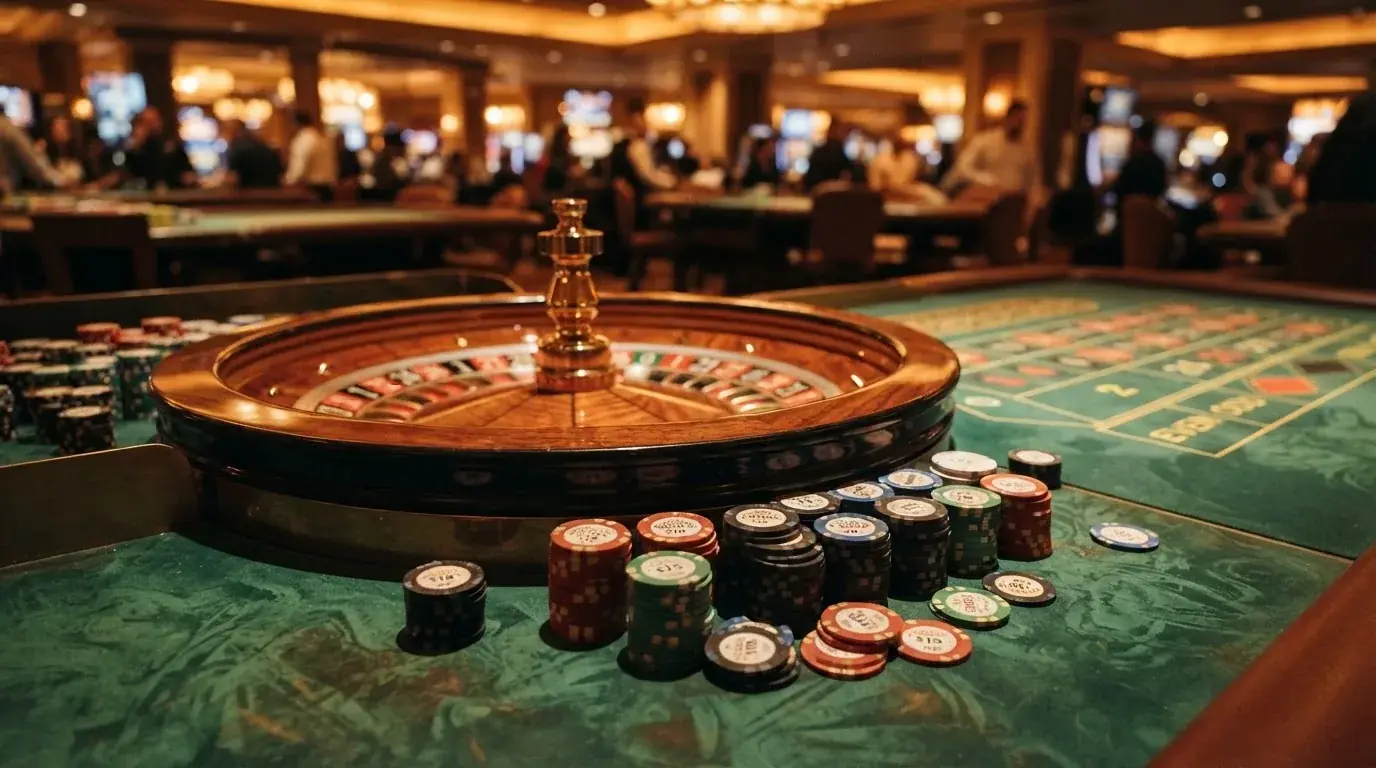 Rulettkerék és zsetonok zöld posztón, meleg esti fényben — blackjack szabályok magyaroknak