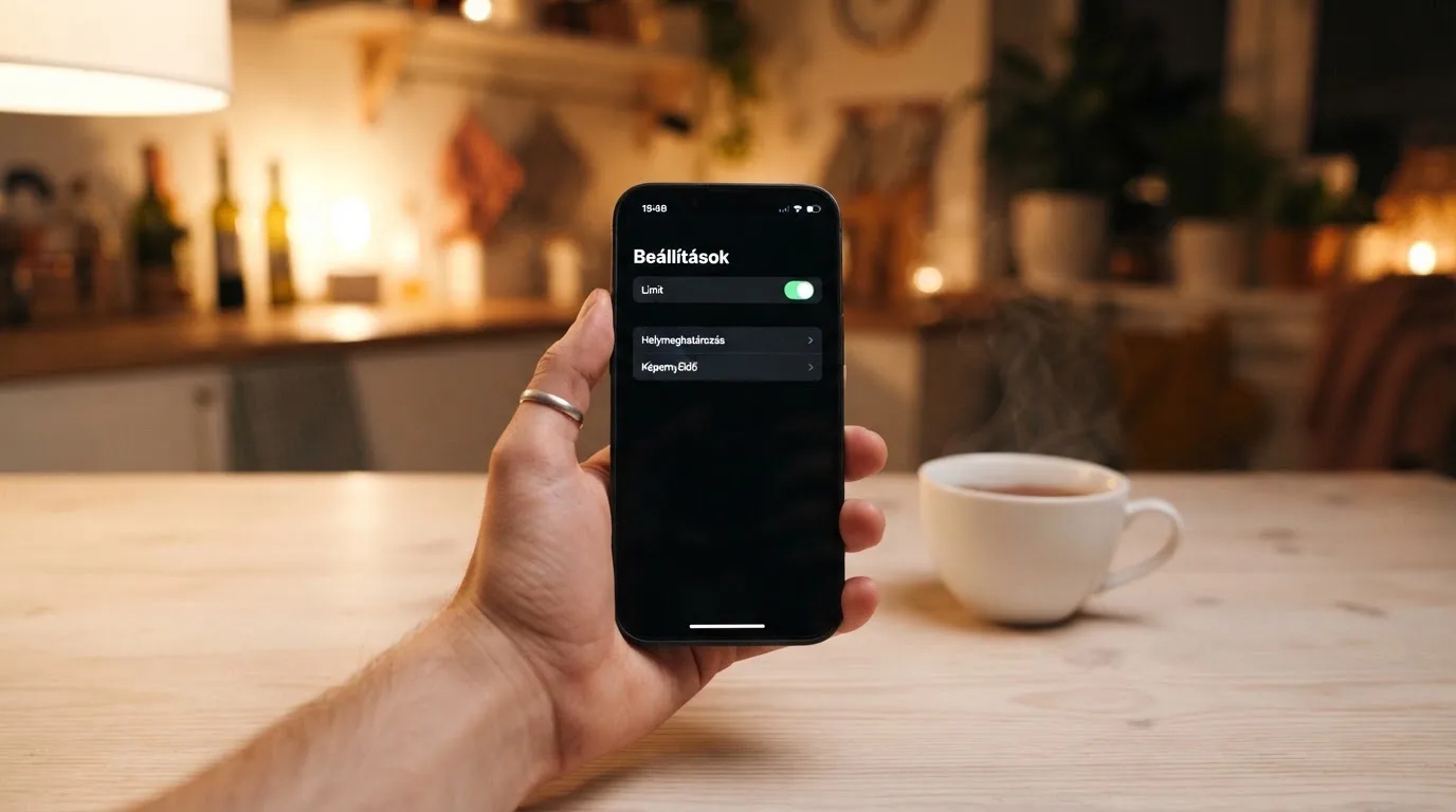 Kéz tart egy mobiltelefont egy csésze tea mellett a konyhaasztalon egy nyugodt estén — kaszinó szerencsejáték magyarországon