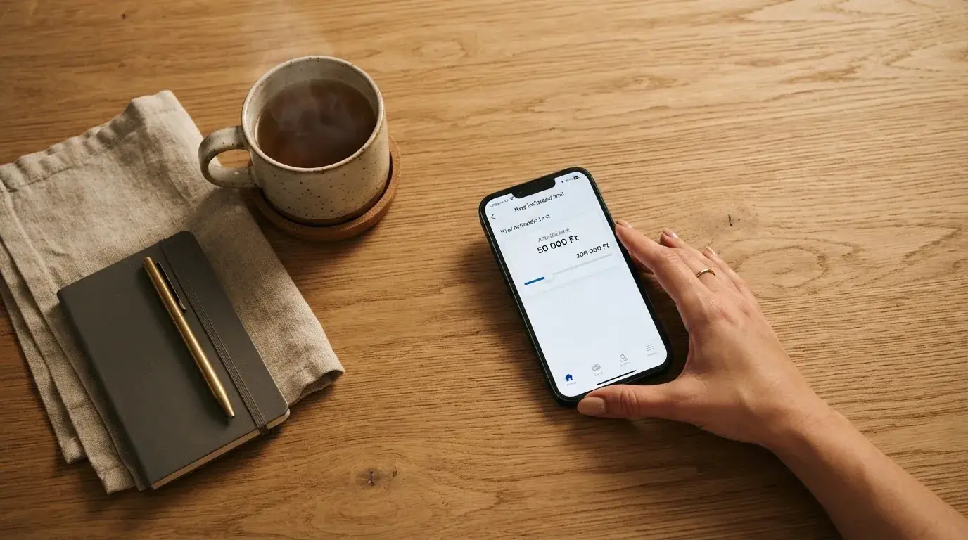 Kéz tart egy mobiltelefont egy csésze tea mellett a konyhaasztalon egy nyugodt estén — külföldi magyar kaszinók