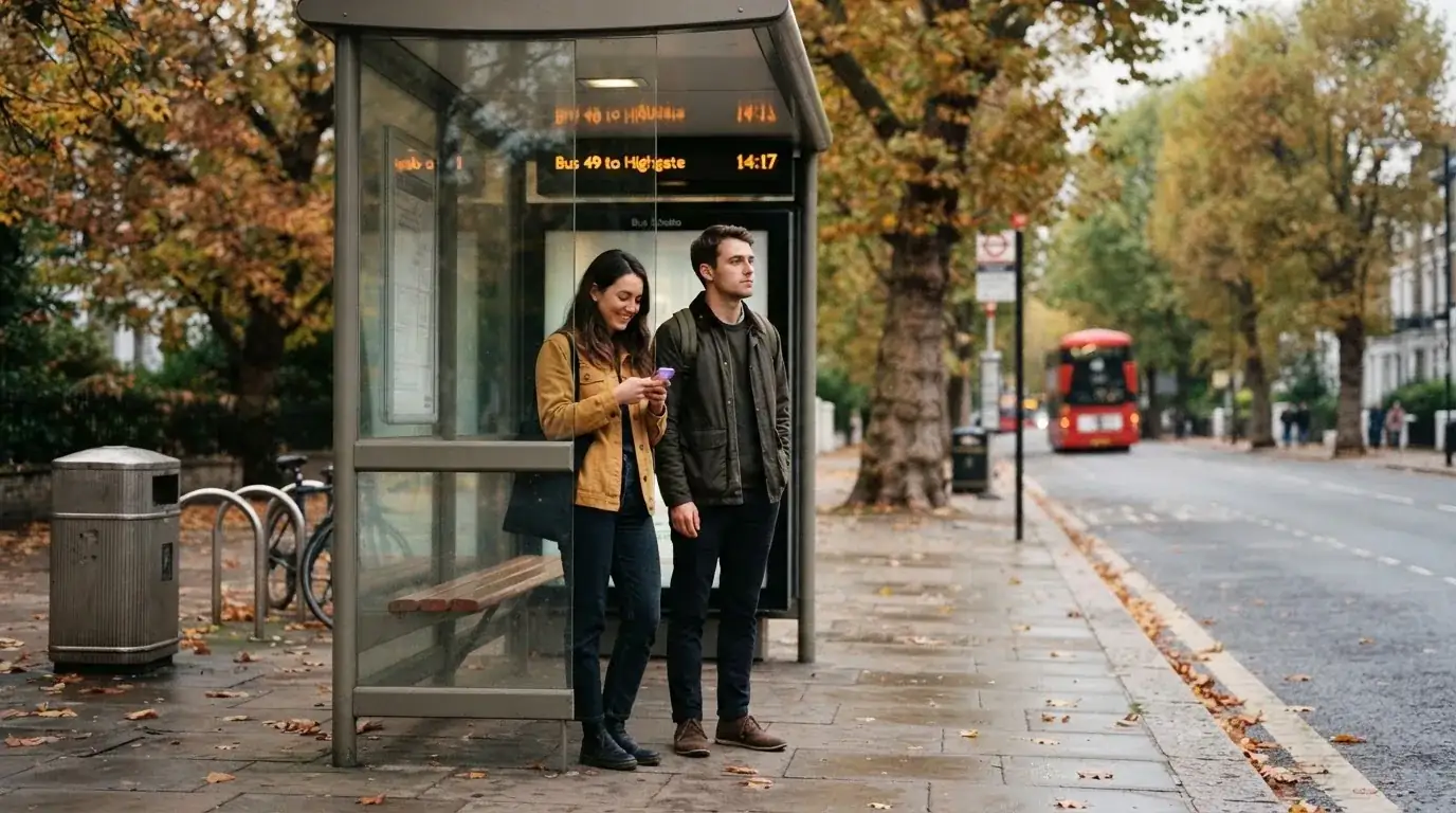 Fiatal pár buszmegállóban várakozik, egyikük a telefonját nézi, a háttérben őszi fák.