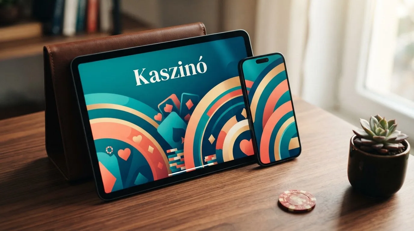 Tablet és telefon egymás mellett eltérő tájolásban egy asztalon, a kijelzők színes, jelek nélküli grafikát mutatnak.
